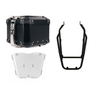 Atlas 44L Universal-Aluminium-Topcase + Schwarzer Gepäckträger mit Haltegriffen für den Beifahrer, passend Triumph Scrambler 1200 X & XE