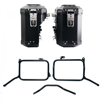 Atlas Aluminium-Taschenpaar 39L+32L + Royal Enfield Himalayan 450 Aluminium-Kofferrahmen für Aftermarket-Auspuff (ab 2024)