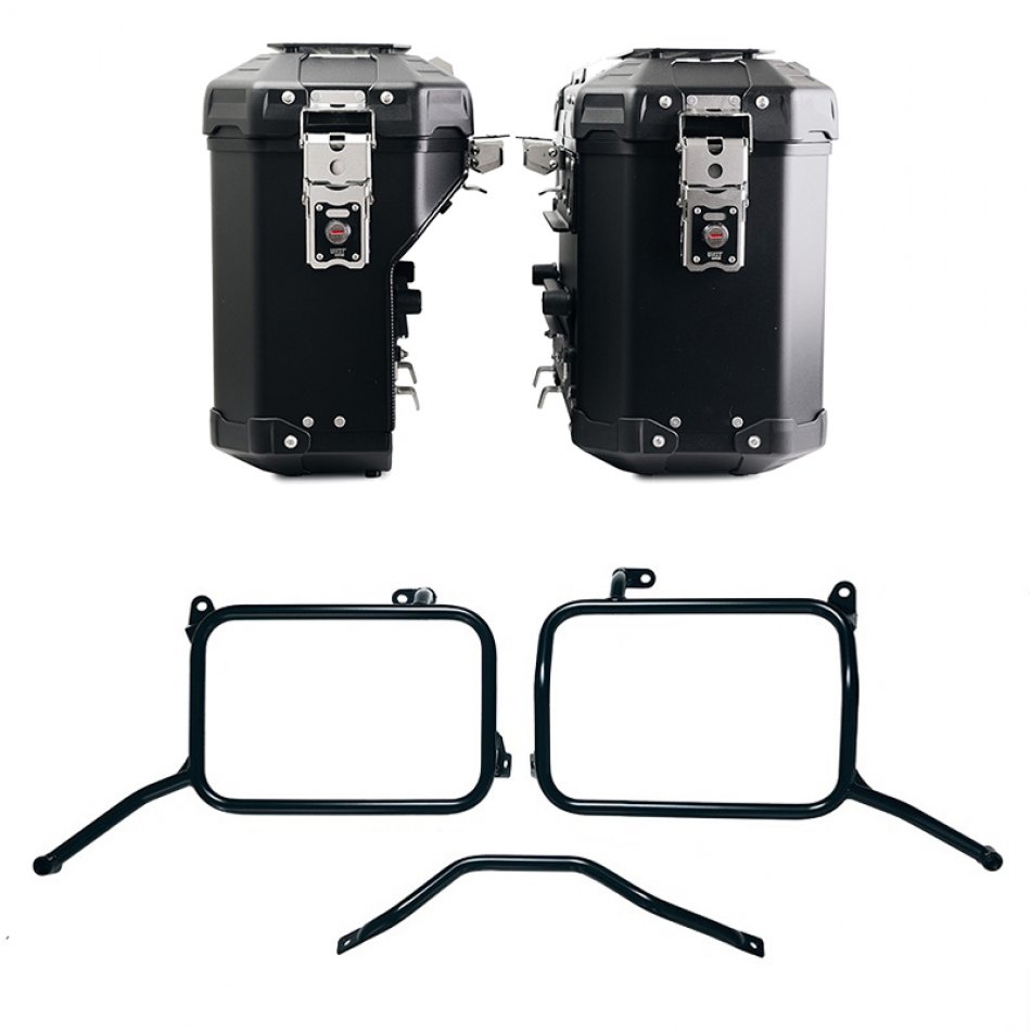 Atlas Aluminium-Taschenpaar 39L+32L + Royal Enfield Himalayan 450 Aluminium-Kofferrahmen für Aftermarket-Auspuff (ab 2024)
