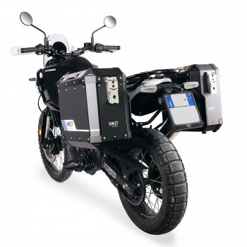 Paar Atlas-Aluminium-Koffer 40 l + 34 l + Royal Enfield Himalayan 450 Aluminium-Kofferrahmen für Aftermarket-Auspuff (ab 2024)