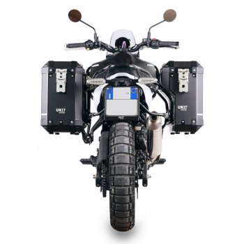 Paar Atlas-Aluminium-Koffer 40 l + 34 l + Royal Enfield Himalayan 450 Aluminium-Kofferrahmen für Aftermarket-Auspuff (ab 2024)