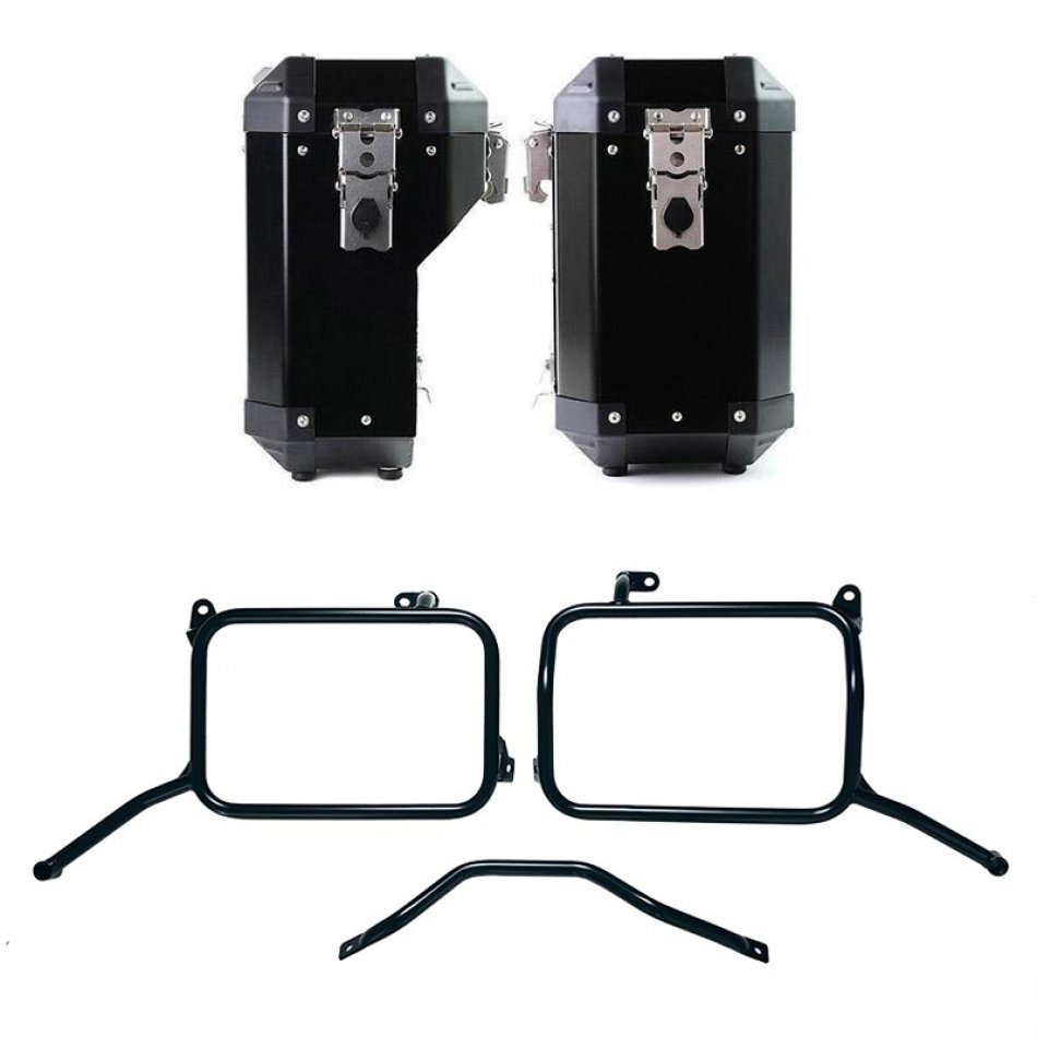 Paar Atlas-Aluminium-Koffer 40 l + 34 l + Royal Enfield Himalayan 450 Aluminium-Kofferrahmen für Aftermarket-Auspuff (ab 2024)