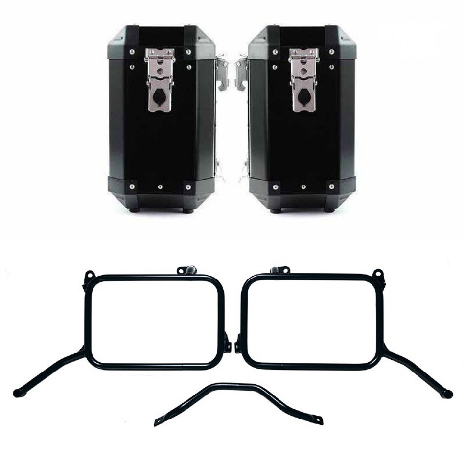 Paar Atlas-Aluminiumtaschen 40 l + 40 l mit Royal Enfield Himalayan 450-Rahmen für Originalauspuff (ab 2024)