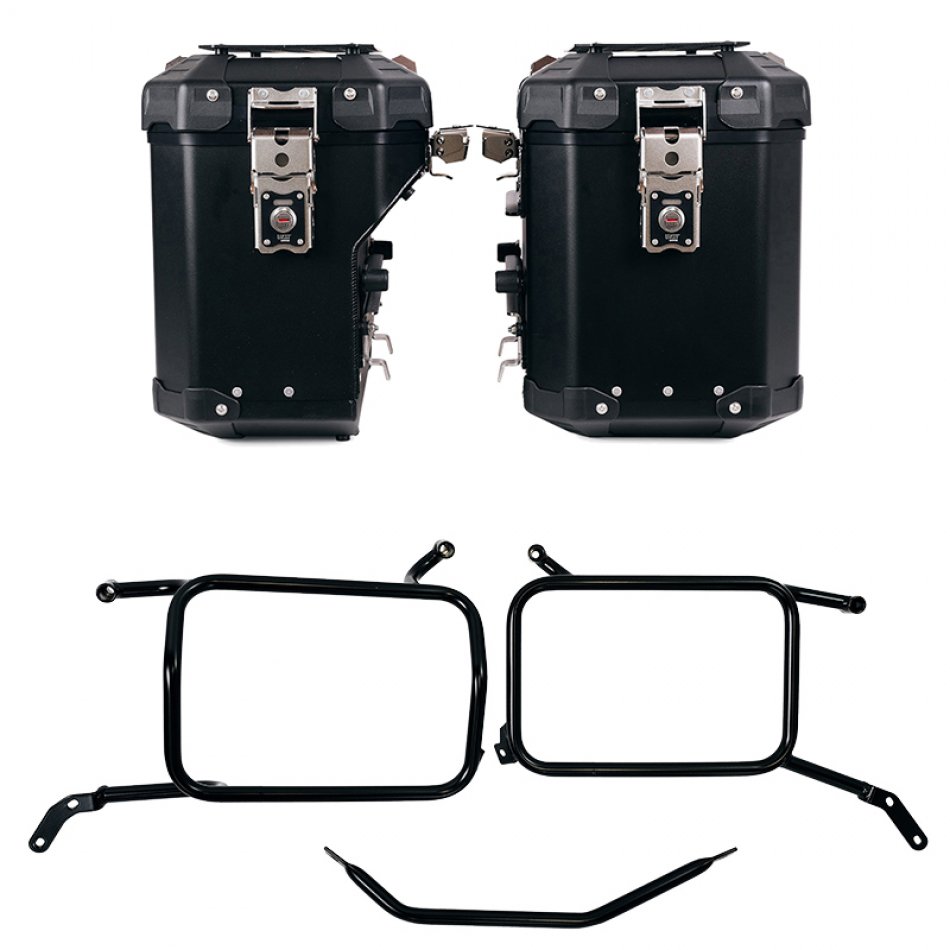 Atlas Aluminium-Seitenkoffer-Set 48L+41L + Moto Guzzi V85 TT (ab 2024) Aluminium-Satteltaschenrahmen Schwarz