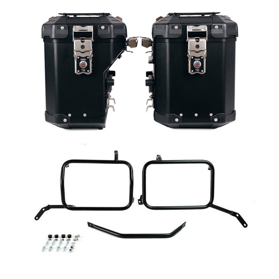 Atlas Aluminium-Seitenkoffer-Set 48L+41L + Moto Guzzi V85TT Schwarzer Aluminium-Taschenrahmen