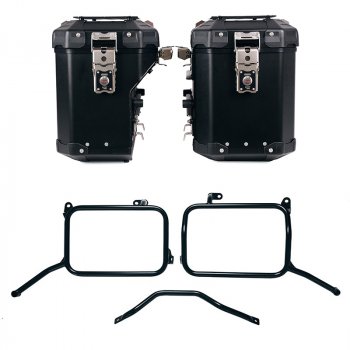 Atlas Aluminium-Seitenkoffer-Set 48L+41L + Royal Enfield Himalayan 450 Aluminium-Kofferrahmen für Aftermarket-Auspuff (ab 2024)
