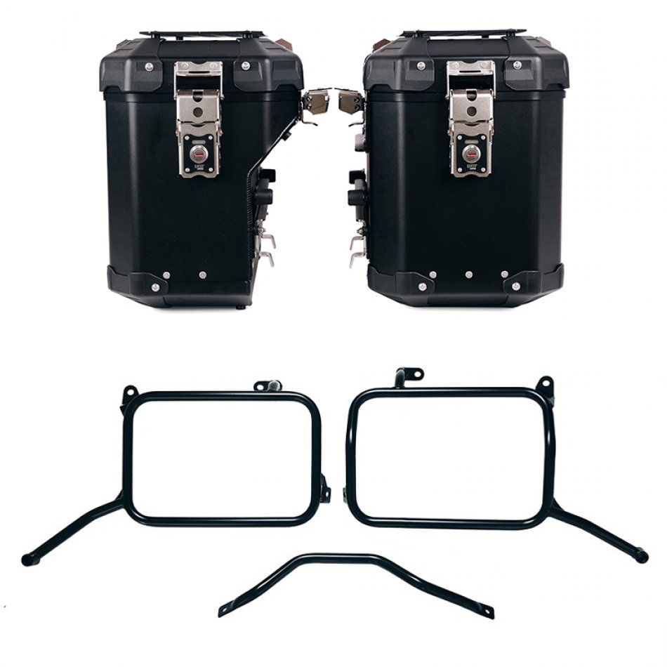 Atlas Aluminium-Seitenkoffer-Set 48L+41L + Royal Enfield Himalayan 450 Aluminium-Kofferrahmen für Aftermarket-Auspuff (ab 2024)