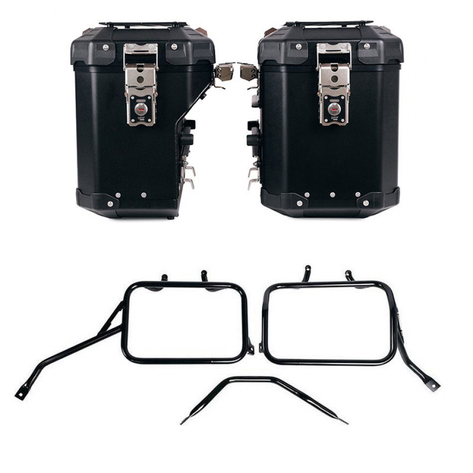 Atlas Aluminium-Seitenkoffer-Set 48L+41L + Triumph Scrambler 400 X Aluminium-Satteltaschenrahmen