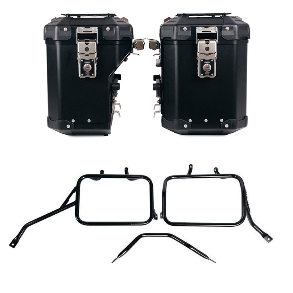 Atlas Aluminium-Seitenkoffer-Set 48L+41L + Triumph Tracker 400 Aluminium-Satteltaschenrahmen