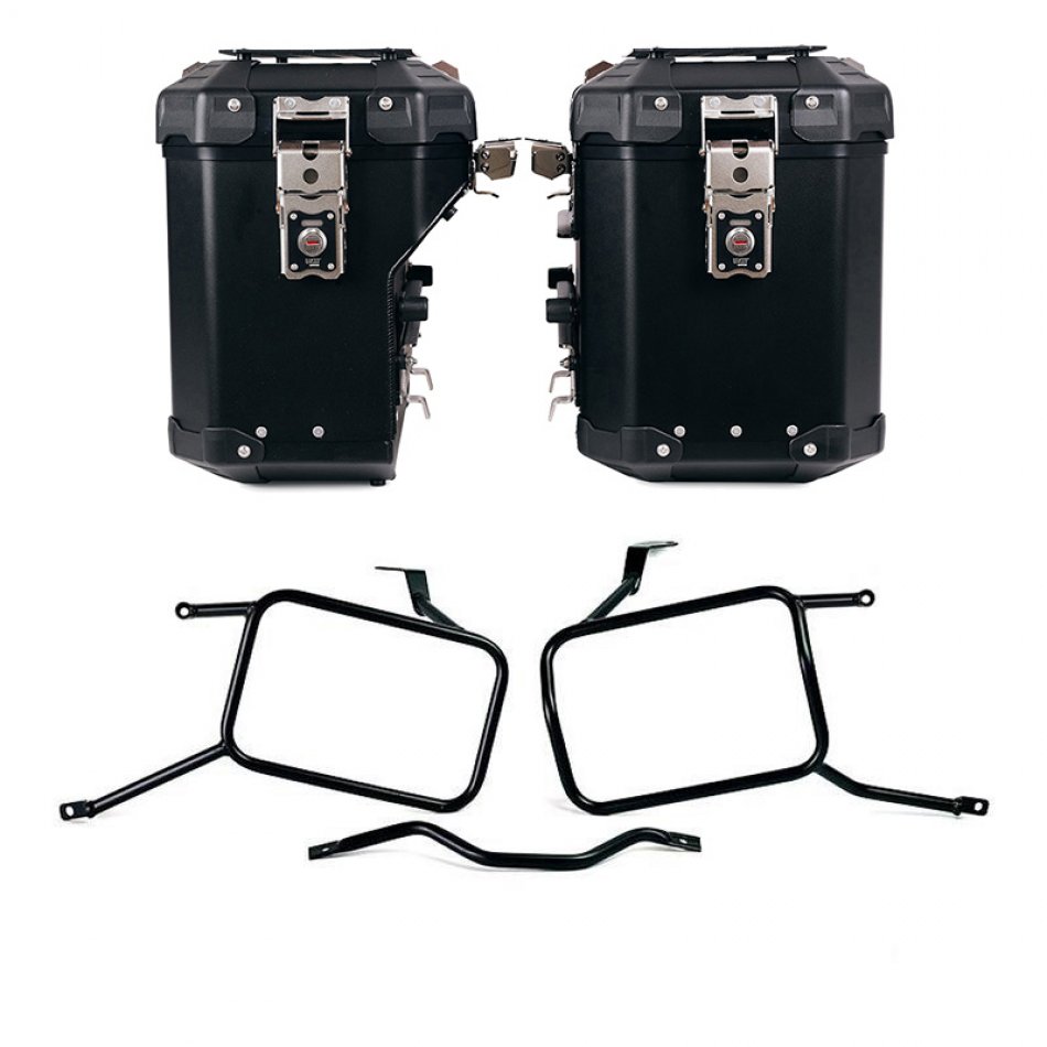 Atlas Aluminium-Seitenkoffer-Set 48L+41L + Triumph Street Scrambler Rahmen für Atlas Aluminium Koffer