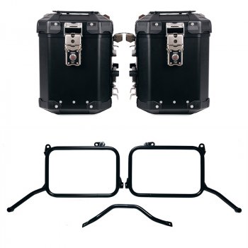 Atlas Aluminium-Seitenkoffer-Set 48L+48L + Royal Enfield Himalayan 450 Aluminium-Kofferrahmen für OEM-Auspuff (ab 2024)