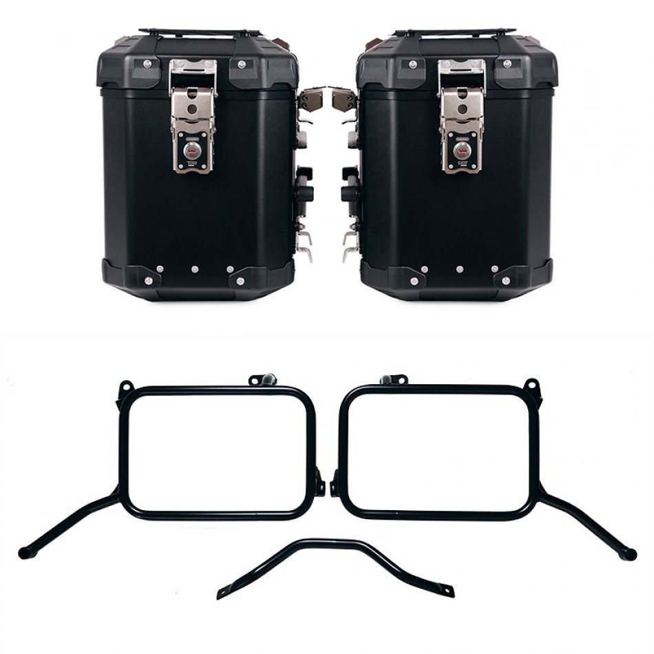 Atlas Aluminium-Seitenkoffer-Set 48L+48L + Royal Enfield Himalayan 450 Aluminium-Kofferrahmen für OEM-Auspuff (ab 2024)