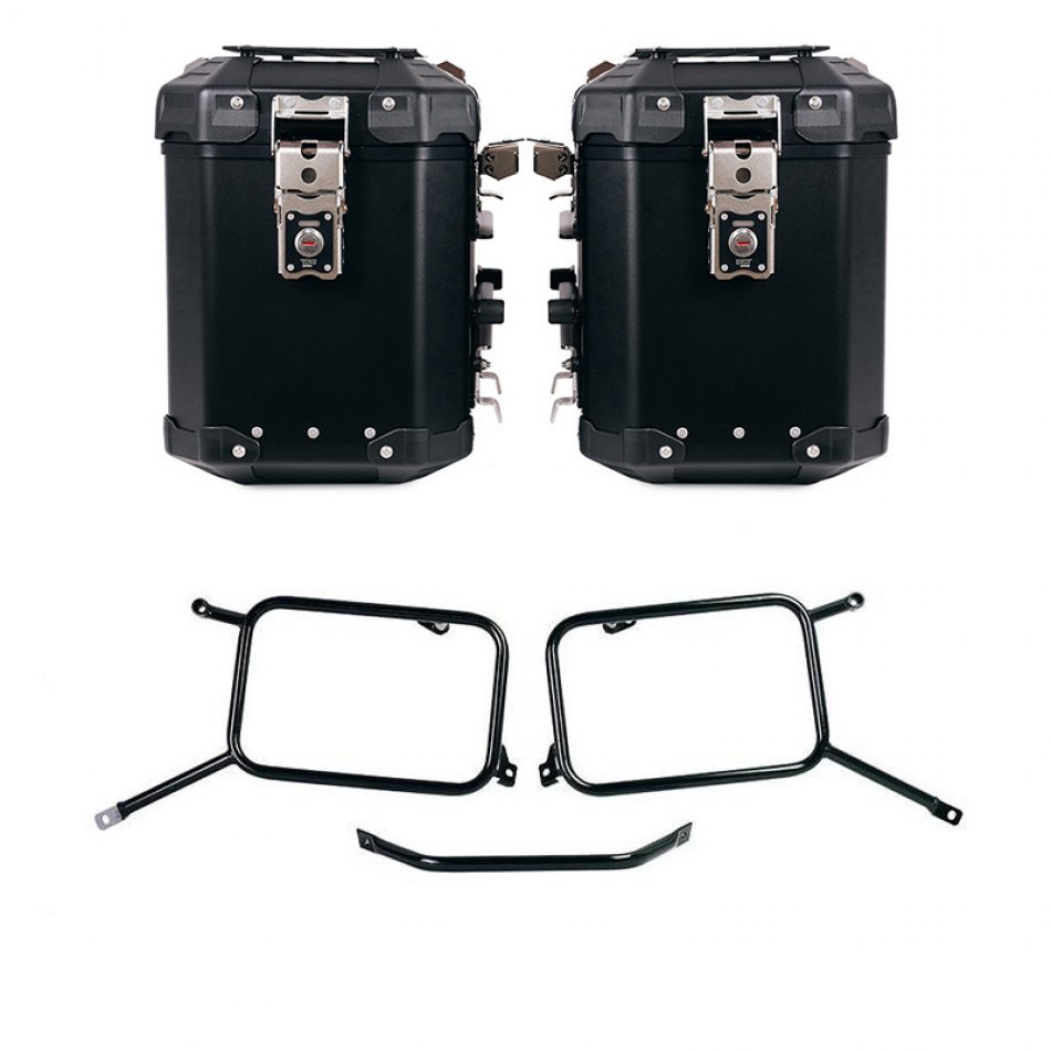 Atlas Aluminium-Seitenkoffer-Set 48L+48L + Triumph Bonneville T120 Satteltaschenrahmen aus Aluminium