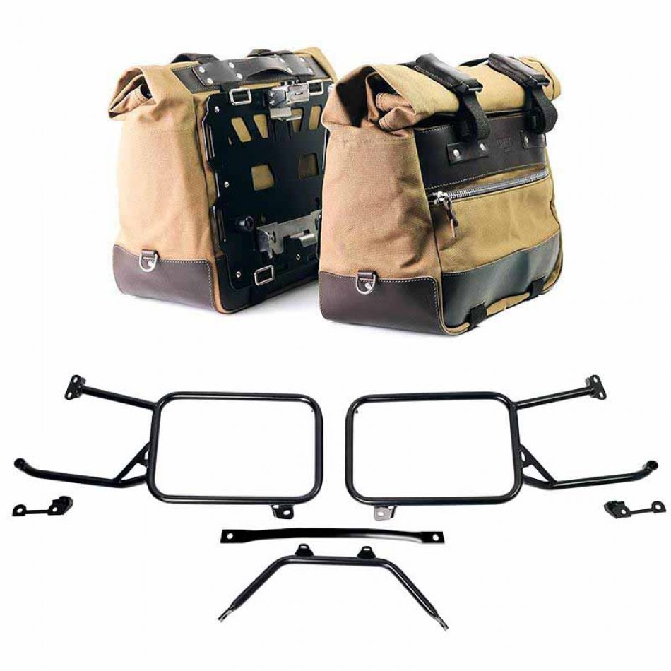 Paar Cult-Seitentaschen aus Canvas 40 l – 50 l + Paar Aluminiumplatten + Aluminium-Kofferrahmen Moto Guzzi Stelvio (ab 2024)