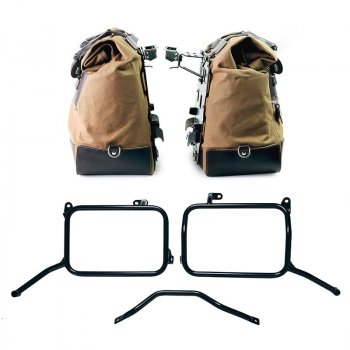 Paar Cult Canvas-Seitentaschen 40 l – 50 l + Paar Aluminiumplatten + Aluminium-Kofferrahmen Royal Enfield Himalayan 450 für Aftermarket-Auspuff (ab 2024)