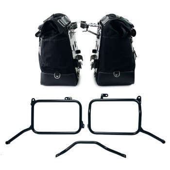 Paar Cult Canvas-Seitentaschen 40 l – 50 l + Paar Aluminiumplatten + Aluminium-Kofferrahmen Royal Enfield Himalayan 450 für Aftermarket-Auspuff (ab 2024)