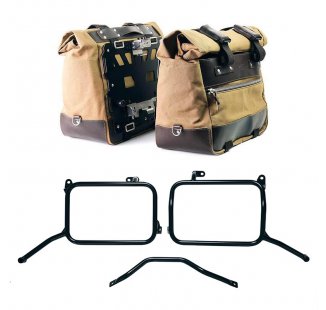 Paar Cult Canvas-Seitentaschen 40 l – 50 l + Paar Aluminiumplatten + Aluminium-Kofferrahmen Royal Enfield Himalayan 450 für Aftermarket-Auspuff (ab 2024)