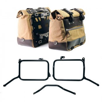 Paar Cult Canvas-Seitentaschen 40 l – 50 l + Paar Aluminiumplatten + Aluminium-Kofferrahmen Royal Enfield Himalayan 450 für Aftermarket-Auspuff (ab 2024)