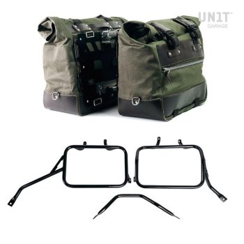 Paar Cult-Seitentaschen aus Canvas 40L - 50L + Paar Aluminiumplatten + Triumph Tracker 400 Aluminium-Satteltaschenrahmen