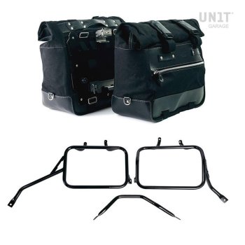 Paar Cult-Seitentaschen aus Canvas 40L - 50L + Paar Aluminiumplatten + Triumph Tracker 400 Aluminium-Satteltaschenrahmen
