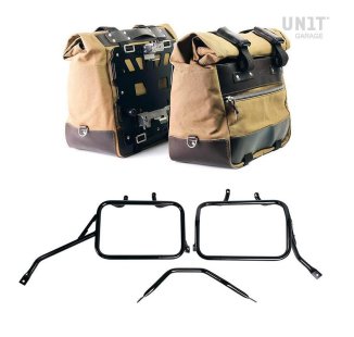 Paar Cult-Seitentaschen aus Canvas 40L - 50L + Paar Aluminiumplatten + Triumph Tracker 400 Aluminium-Satteltaschenrahmen
