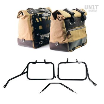 Paar Cult-Seitentaschen aus Canvas 40L - 50L + Paar Aluminiumplatten + Triumph Tracker 400 Aluminium-Satteltaschenrahmen