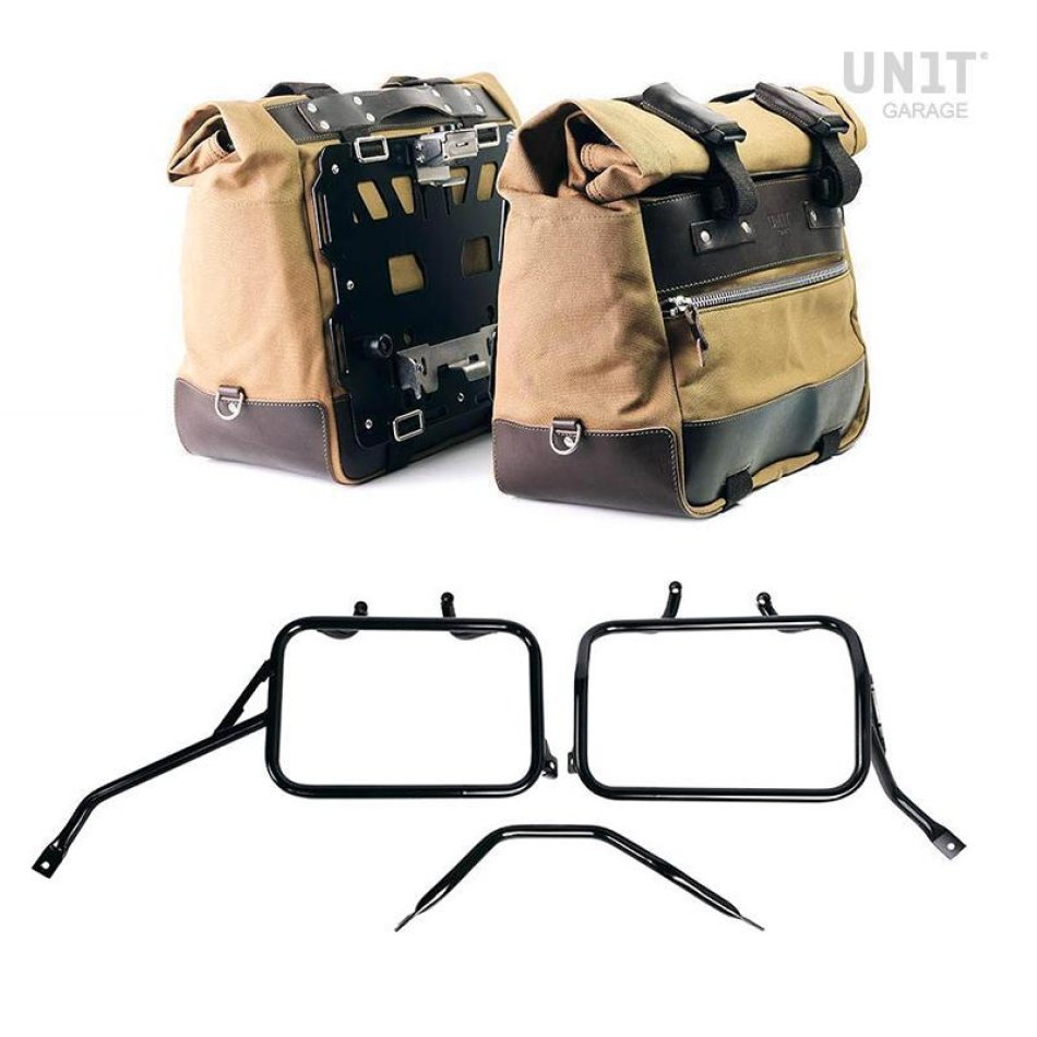 Paar Cult-Seitentaschen aus Canvas 40L - 50L + Paar Aluminiumplatten + Triumph Tracker 400 Aluminium-Satteltaschenrahmen