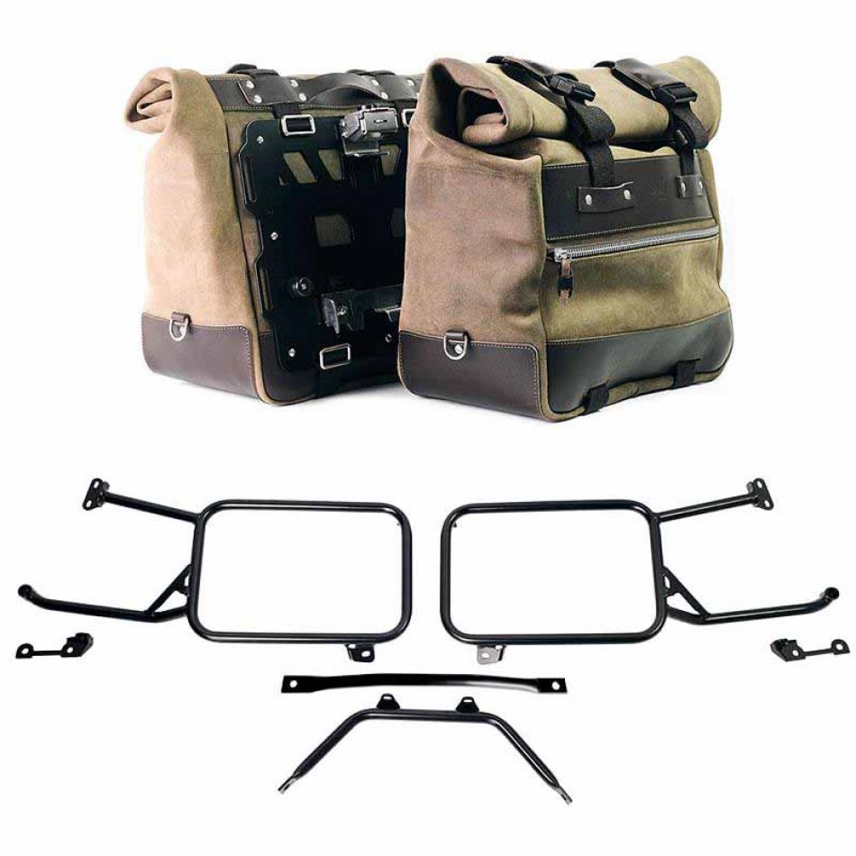 Paar Cult-Seitentaschen aus Crust-Leder 40 l – 50 l + Aluminiumplatte + Aluminium-Kofferrahmen Moto Guzzi Stelvio (ab 2024)