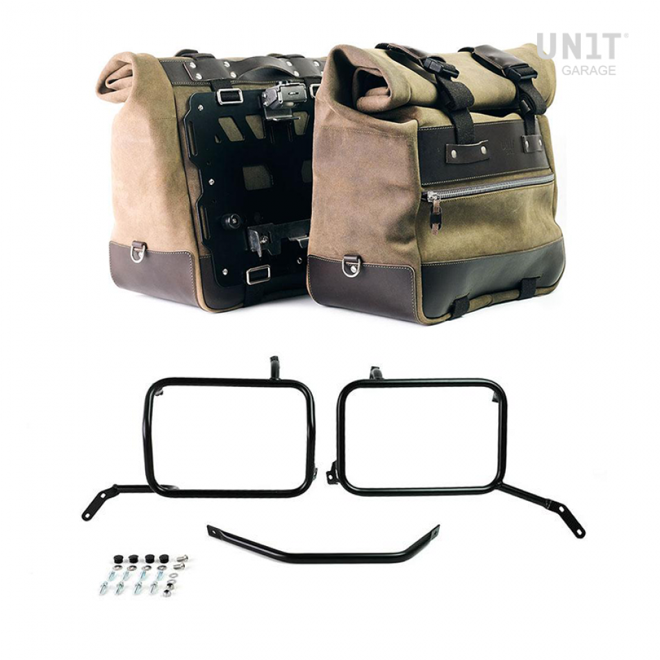 Paar Cult-Seitentaschen aus Spaltleder 40L - 50L + Aluminiumplatte + Moto Guzzi V85TT Schwarzer Aluminium-Taschenrahmen