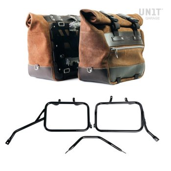 Paar Cult-Seitentaschen aus Spaltleder 40L - 50L + Aluminiumplatte + Triumph Tracker 400 Aluminium-Satteltaschenrahmen
