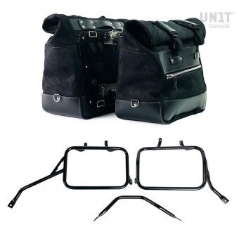 Paar Cult-Seitentaschen aus Spaltleder 40L - 50L + Aluminiumplatte + Triumph Tracker 400 Aluminium-Satteltaschenrahmen