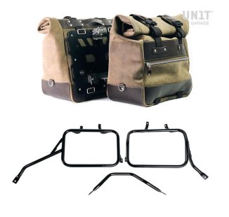 Paar Cult-Seitentaschen aus Spaltleder 40L - 50L + Aluminiumplatte + Triumph Tracker 400 Aluminium-Satteltaschenrahmen