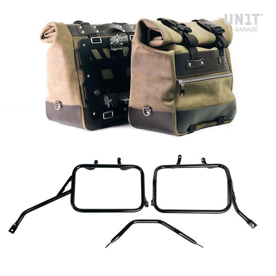 Paar Cult-Seitentaschen aus Spaltleder 40L - 50L + Aluminiumplatte + Triumph Tracker 400 Aluminium-Satteltaschenrahmen