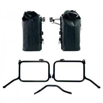 Zwei Khali TPU-Seitentaschen 35 l – 45 l + Paar Aluminiumplatten mit Royal Enfield Himalayan 450-Rahmen für Originalauspuff (ab 2024)