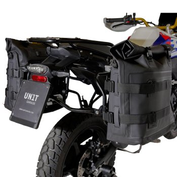 Zwei Khali-Seitentaschen aus TPU 35L - 45L + Paar Aluminiumplatten + BMW F450GS Atlas Aluminium-Satteltaschenrahmen