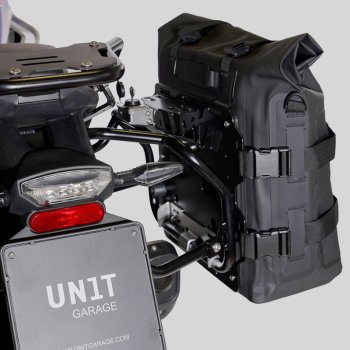 Zwei Khali-Seitentaschen aus TPU 35L - 45L + Paar Aluminiumplatten + BMW F450GS Atlas Aluminium-Satteltaschenrahmen