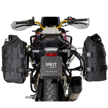 Zwei Khali-Seitentaschen aus TPU 35L - 45L + Paar Aluminiumplatten + BMW F450GS Atlas Aluminium-Satteltaschenrahmen