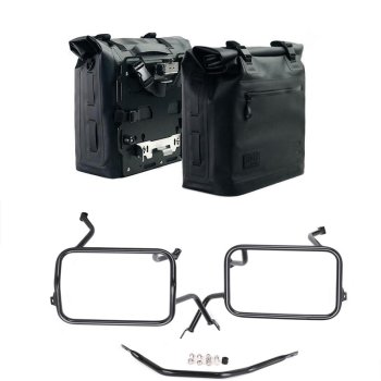 Zwei Khali-Seitentaschen aus TPU 35L - 45L + Paar Aluminiumplatten + BMW F450GS Atlas Aluminium-Satteltaschenrahmen