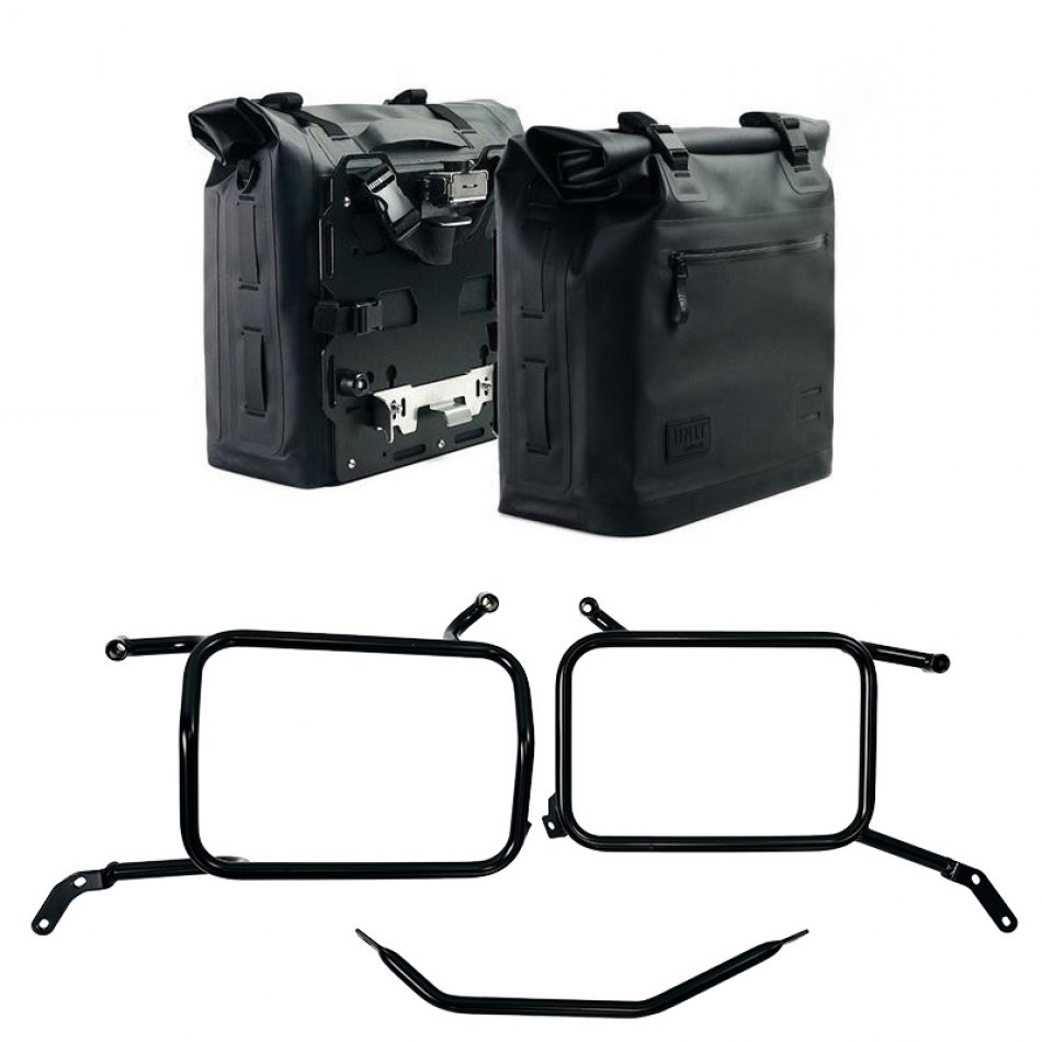 Zwei Khali-Seitentaschen aus TPU 35L - 45L + Paar Aluminiumplatten + Moto Guzzi V85 TT (ab 2024) Aluminium-Satteltaschenrahmen
