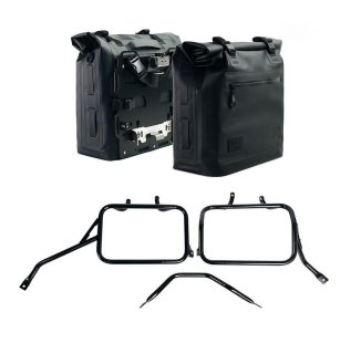 Zwei Khali-Seitentaschen aus TPU 35L - 45L + Paar Aluminiumplatten + Triumph Tracker 400 Aluminium-Satteltaschenrahmen
