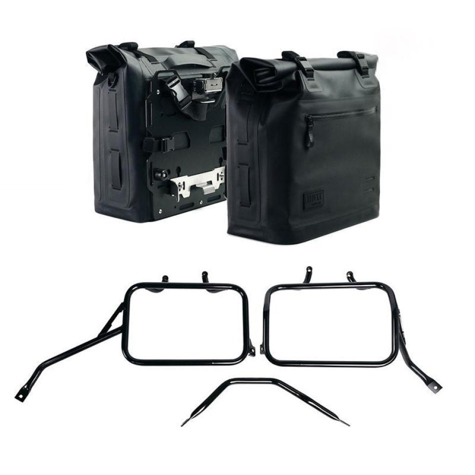 Zwei Khali-Seitentaschen aus TPU 35L - 45L + Paar Aluminiumplatten + Triumph Tracker 400 Aluminium-Satteltaschenrahmen