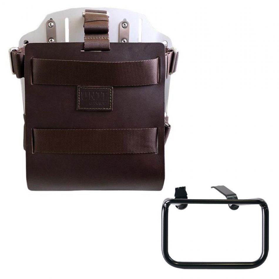 Aluminium-Taschenhalter mit verstellbarer Lederfront und Schnellkupplung + BMW R12 G/S Rahmen links