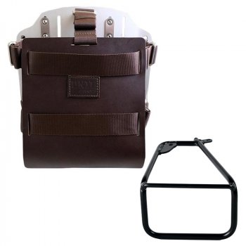 Aluminium-Taschenhalter mit verstellbarer Lederfront und Schnellkupplung + BMW R12 NineT linker Rahmen