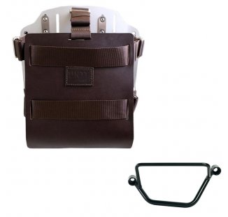 Aluminium-Taschenhalter mit verstellbarer Lederfront und Schnellkupplung + Honda GB350S Rahmen Links