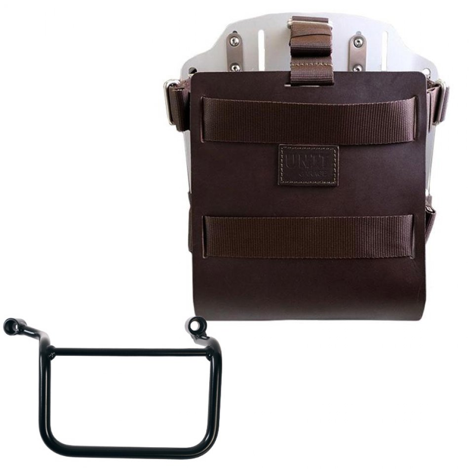 Aluminium-Taschenhalter mit verstellbarer Lederfront und Schnellkupplung + Royal Enfield Guerrilla 450 rechter Rahmen